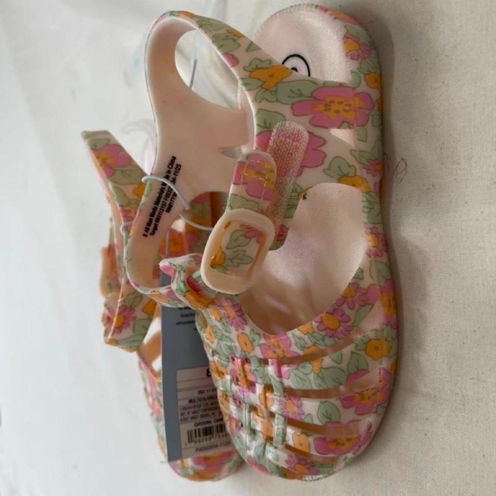 Cat & Jack girls sandals with pink, orange, and green floral print